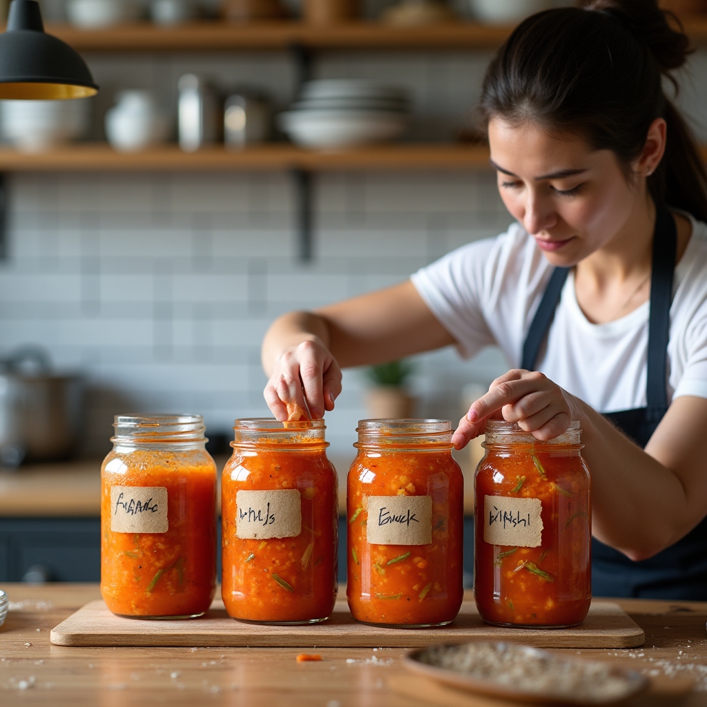 Vibrant kimchi being packed into mason jars during a workshop