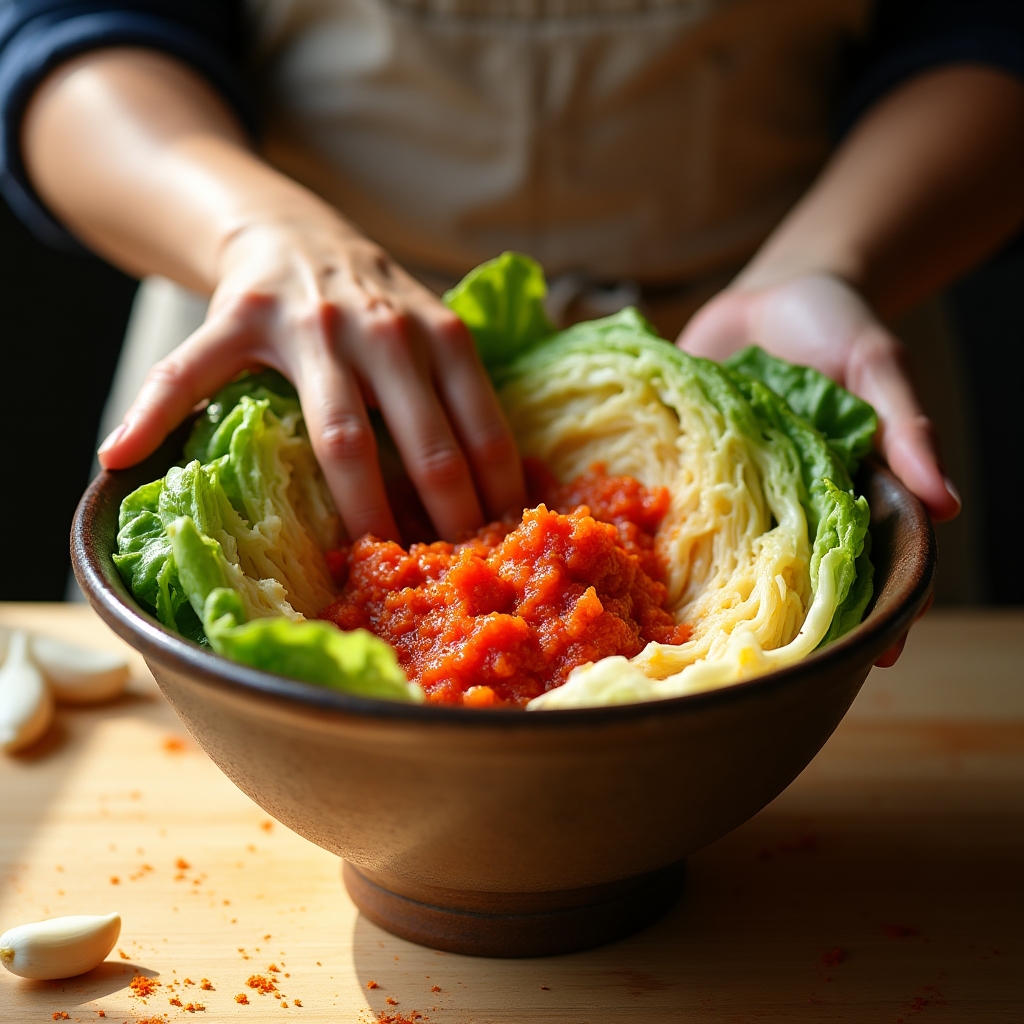 Hands preparing kimchi at a fermentation workshop