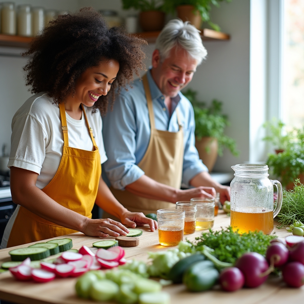 Colorful seasonal vegetables being prepared for pickling in a bright kitchen