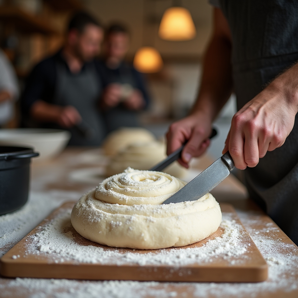 Instructor scoring a sourdough loaf before baking at a workshop