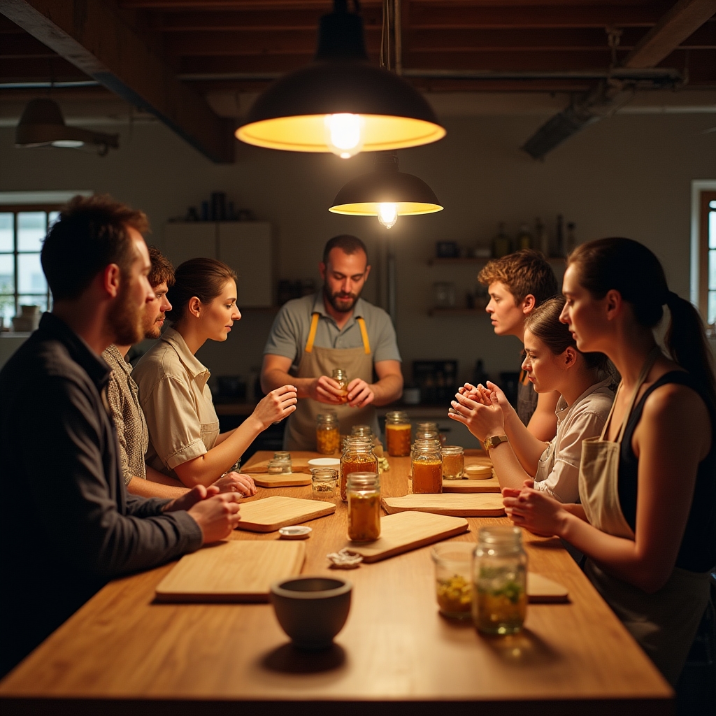 Small group of participants working at a fermentation workshop table with jars and vegetables